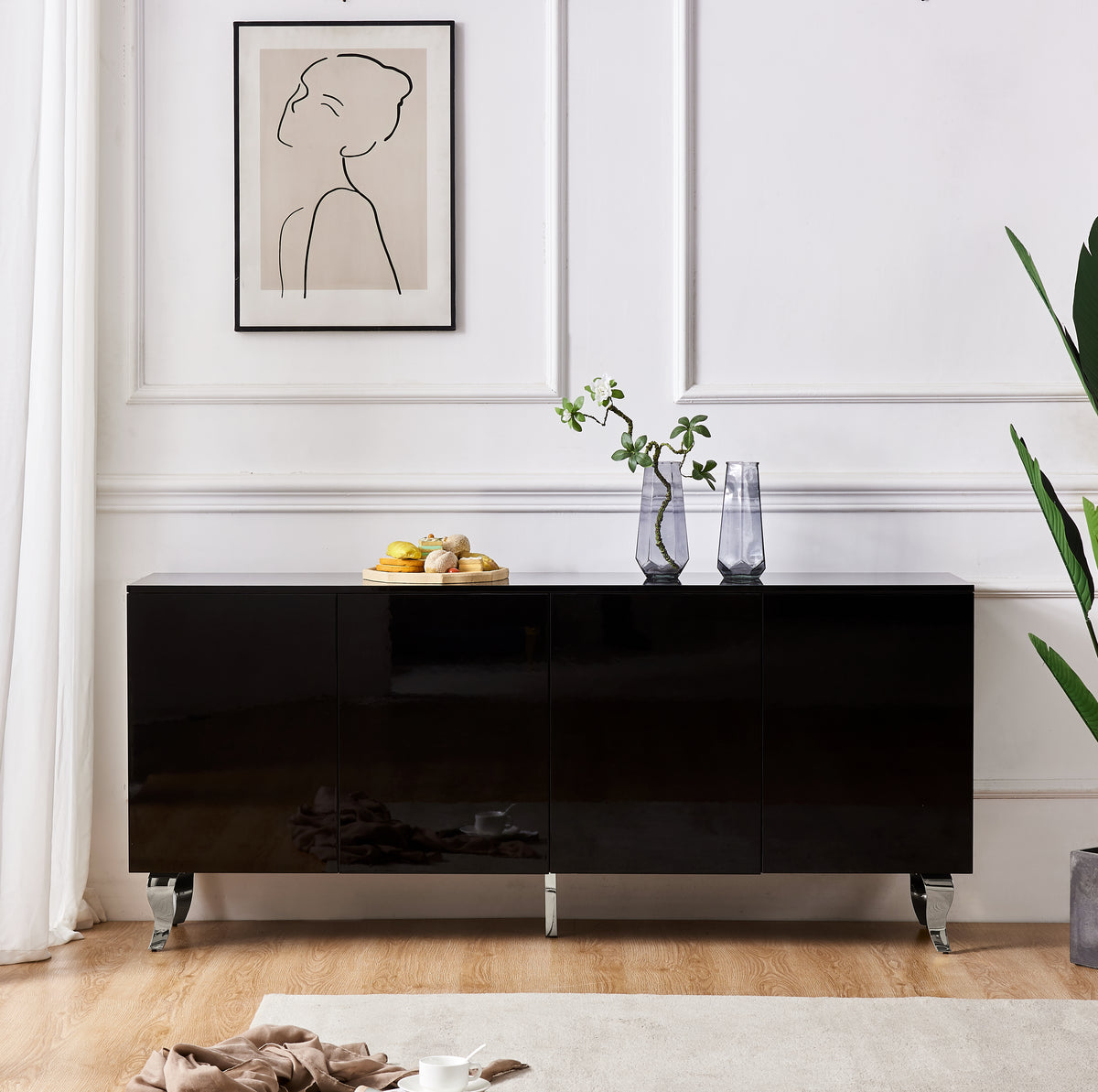 Buffet BAROQUE laqué noir 4 portes 180x40x80 cm #couleur_chrome_noir