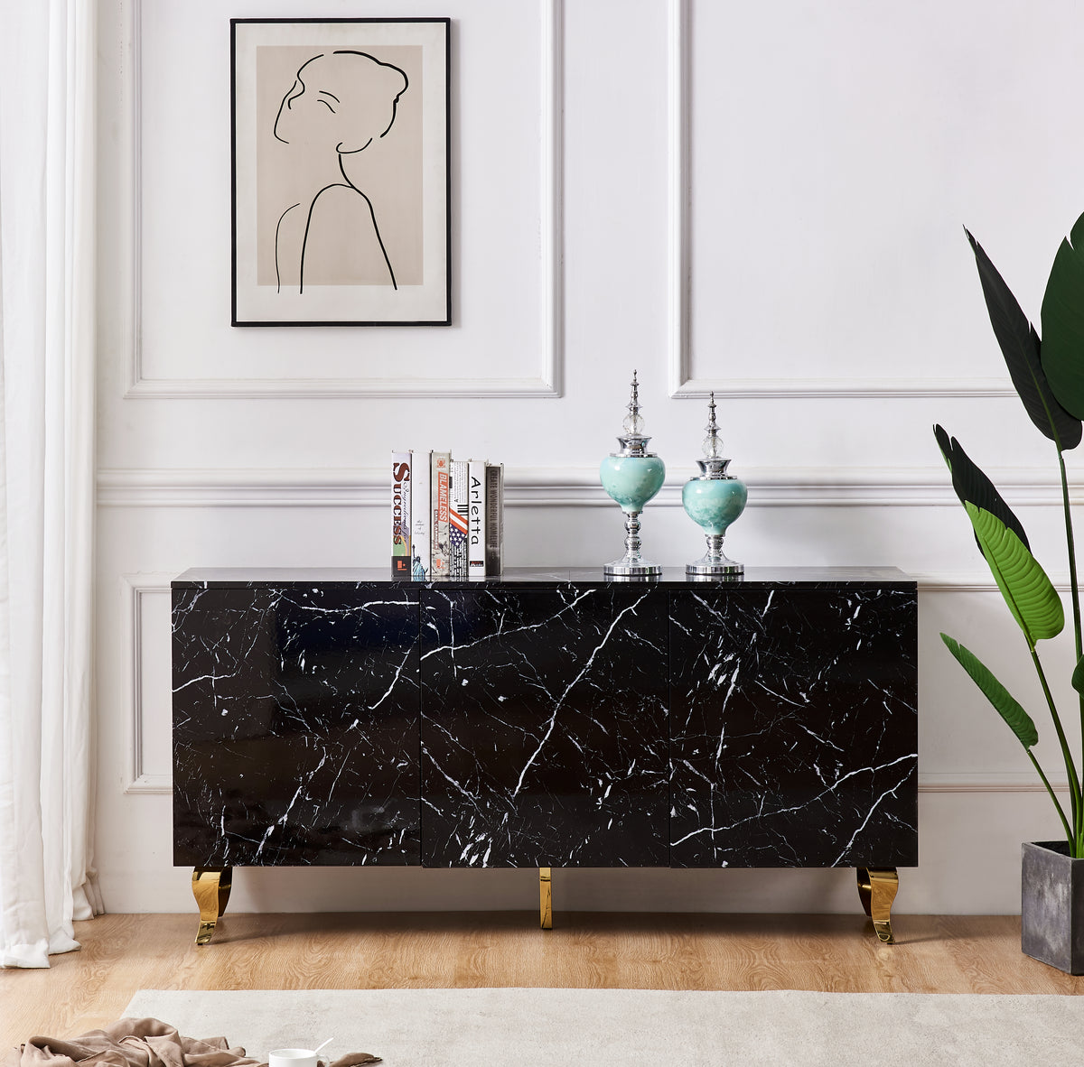 Buffet BAROQUE laqué marbre 3 portes 160x40x80 cm
