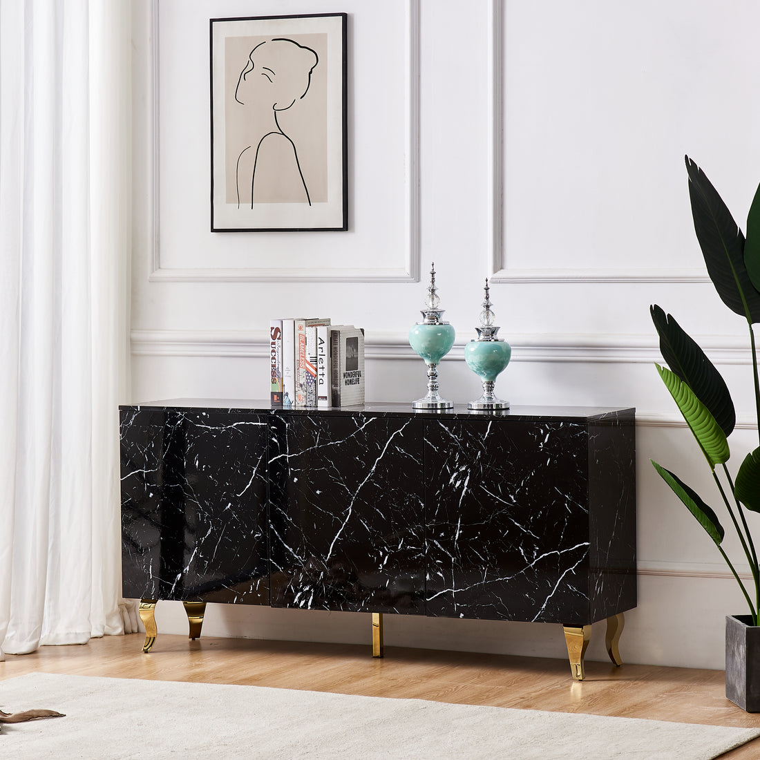 Buffet BAROQUE laqué marbre 3 portes 160x40x80 cm