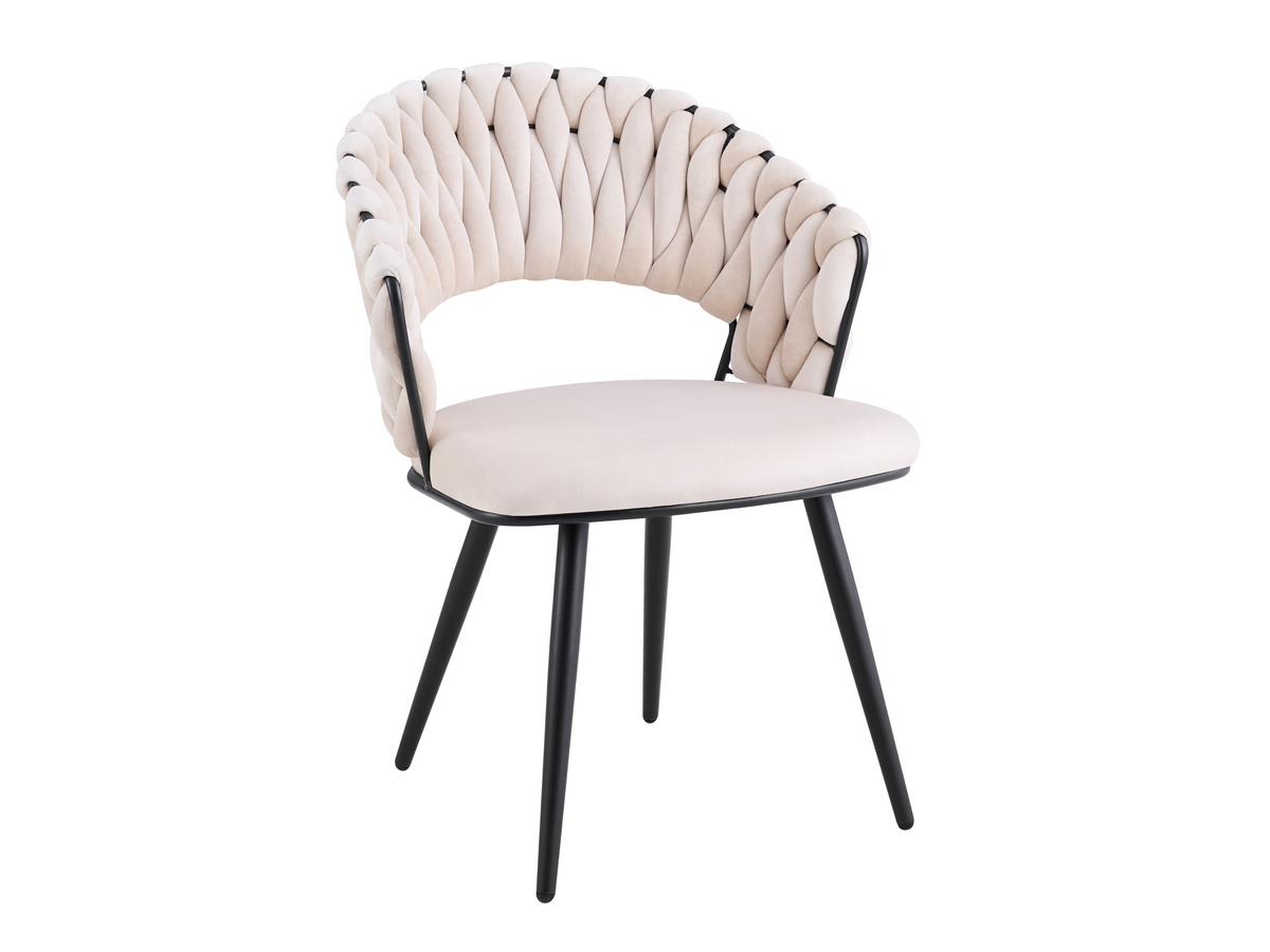 Lot de 2 Chaises Salle à Manger Velours Beige Dossier Tressé Métal Noir CAROLINA
