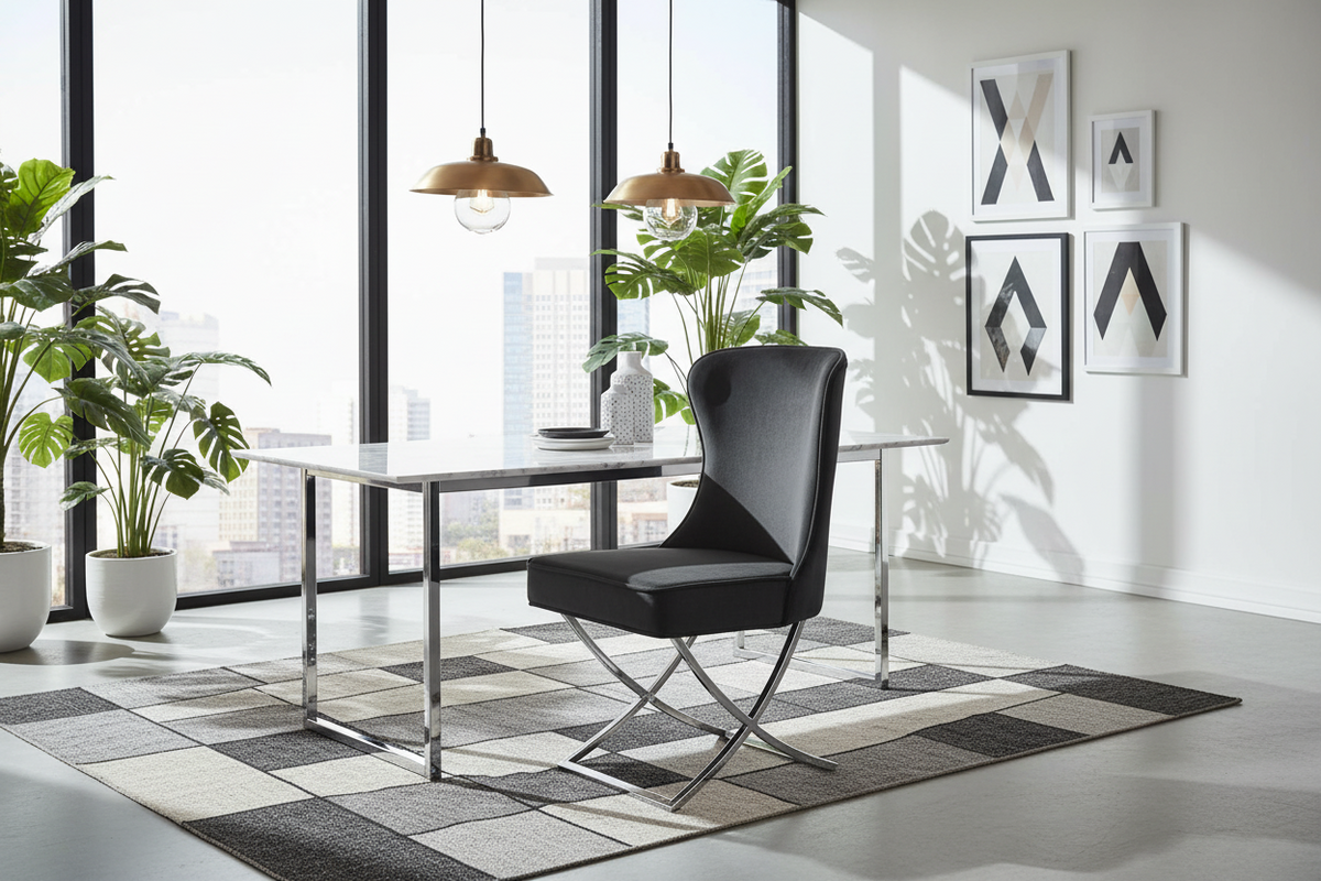 Lot 2 Chaises Salle à Manger Gabrielle Capitonnées Velours Noir Pieds Chrome 59x52x95cm