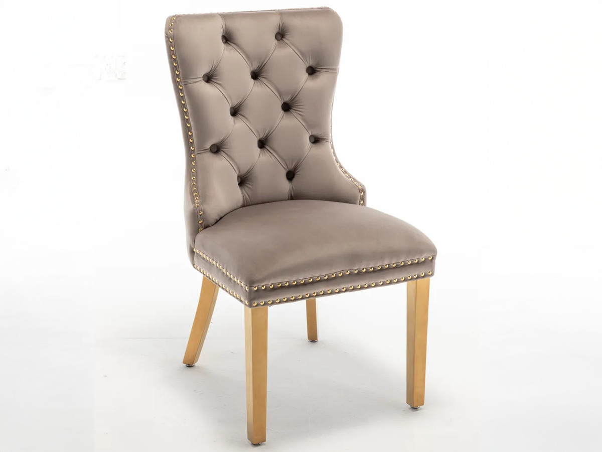 Lot 2 Chaises Salle à Manger Velours Moka Cloutées Pieds Gold POIGNÉE