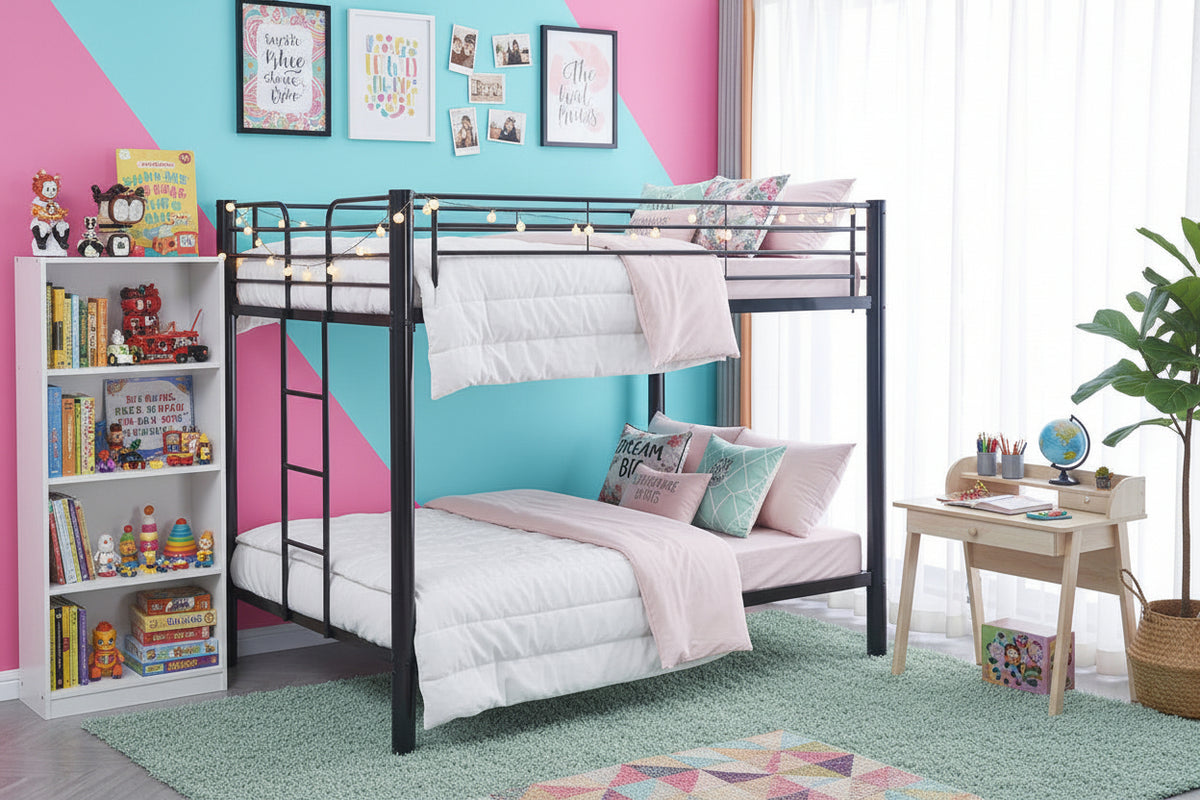 Pack Lit superposé en métal noir + matelas compris 4 places 140x190 cm sommier inclus COLOSSE