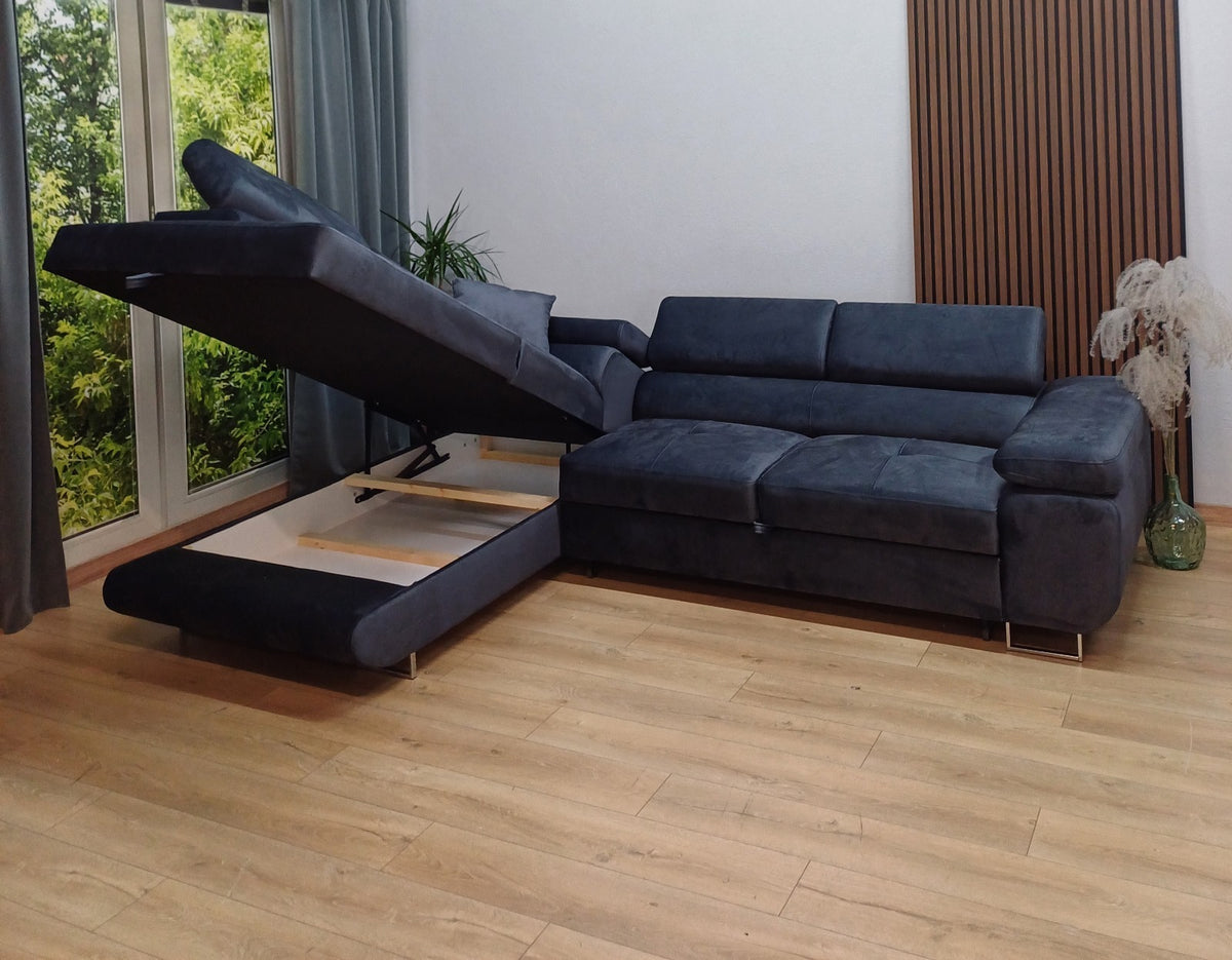 Canapé TOULOUSE angle gauche velours 275x202 cm #couleur_bleu_silver