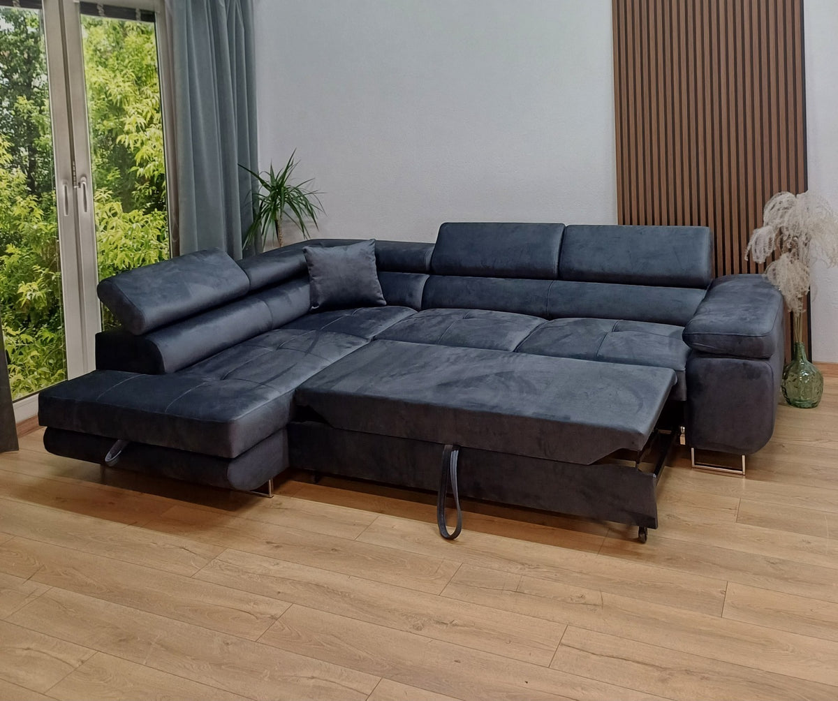 Canapé TOULOUSE angle gauche velours 275x202 cm #couleur_bleu_silver