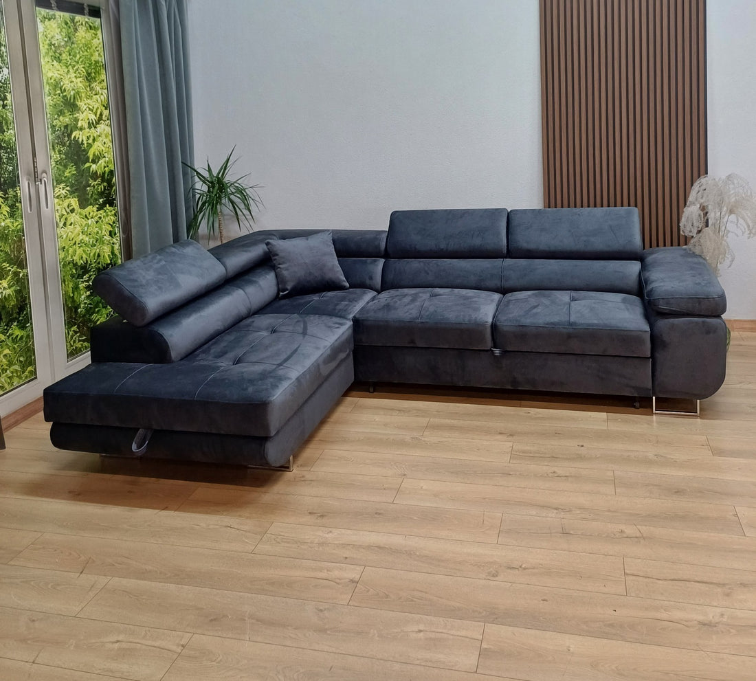 Canapé TOULOUSE angle gauche velours 275x202 cm #couleur_bleu_silver