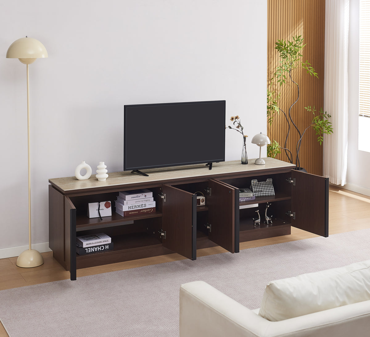 MEUBLE TV BAIETA MDF EFFET NOYER PLATEAU CÉRAMIQUE TRAVERTIN MAT 200 CM