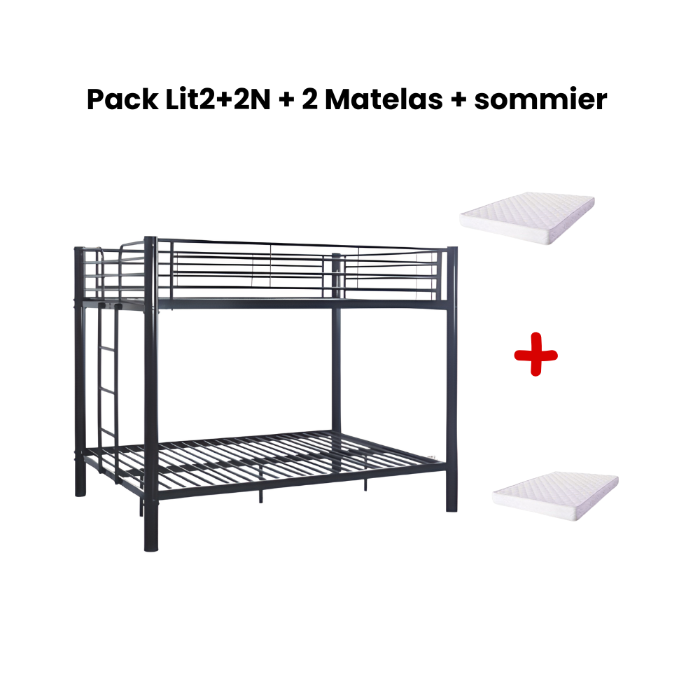 Pack Lit superposé en métal noir + matelas compris 4 places 140x190 cm sommier inclus COLOSSE