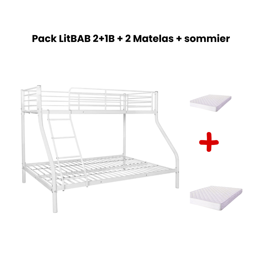 Pack Lit superposé 3 places + Matelas compris 2+1 métal COSTO sommier inclus #Couleur_blanc