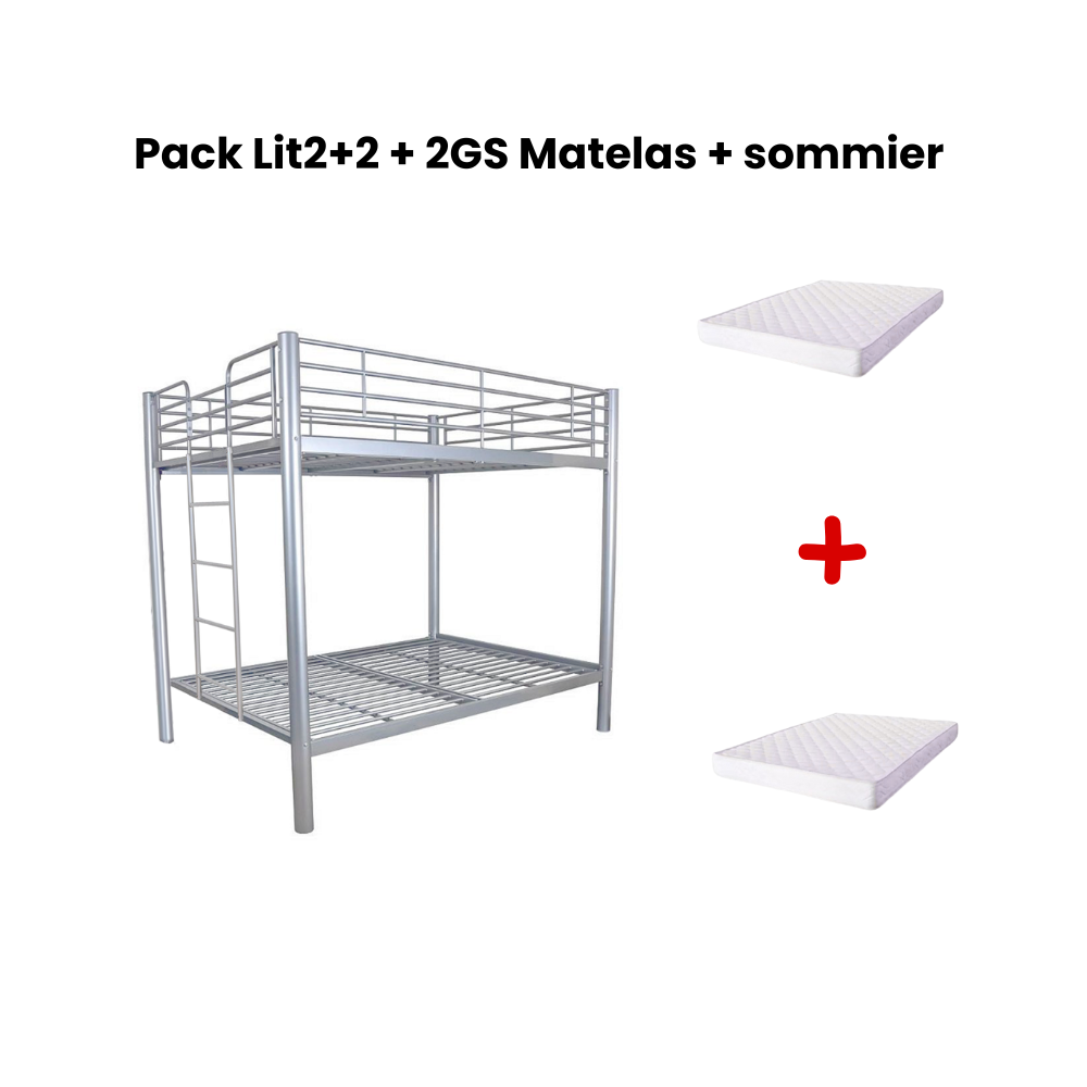 Lit superposé métal gris 4 places 140x190 cm + matelas et sommier inclus  COLOSSE