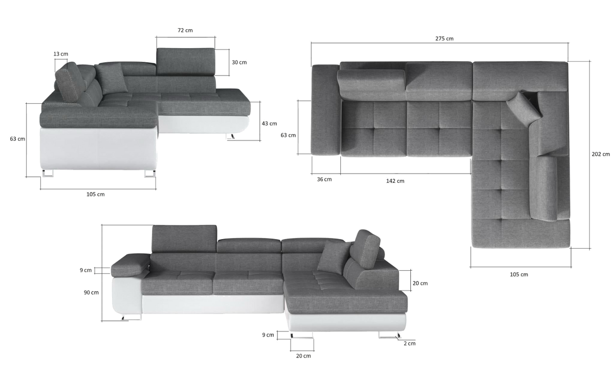 Canapé d’Angle Convertible TOULOUSE avec COFFRE de rangement – Angle Droit, Tissu – 275x202 cm