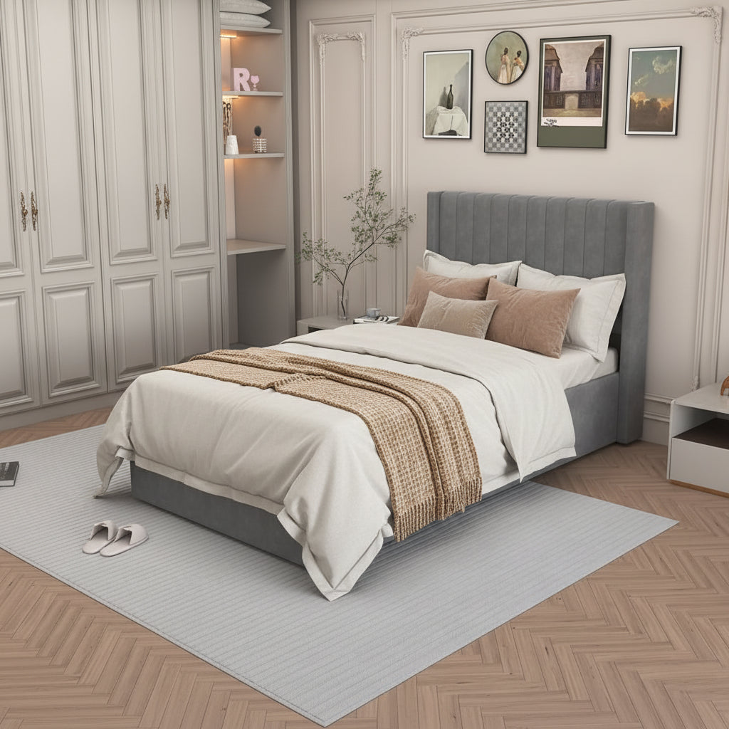 Lit coffre 90x190 velours gris sommier inclus - CAMILLE #couleur_gris