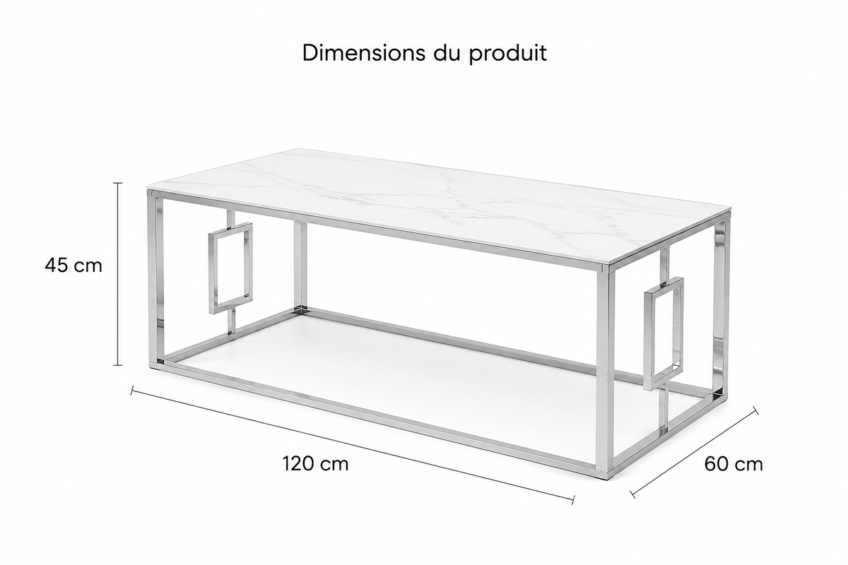 Table basse SOPHIE  pieds Chromé plateau en marbré blanc  120 cm