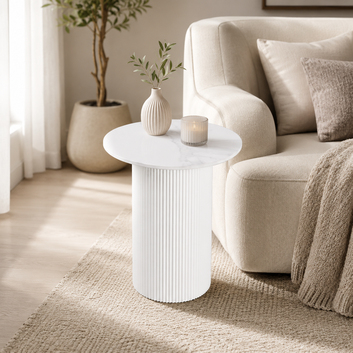 Guéridon bout de canapé rond marbre blanc pied beige #couleur_marbre_blanc