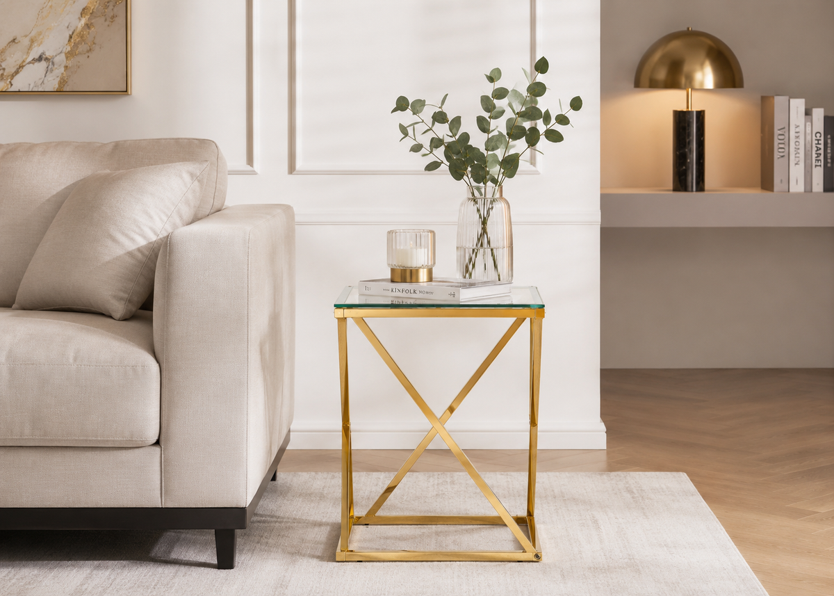 Guéridon BEVERLY – Pied Gold & Verre Transparent – 40x40x55 cm #couleur_transparent 