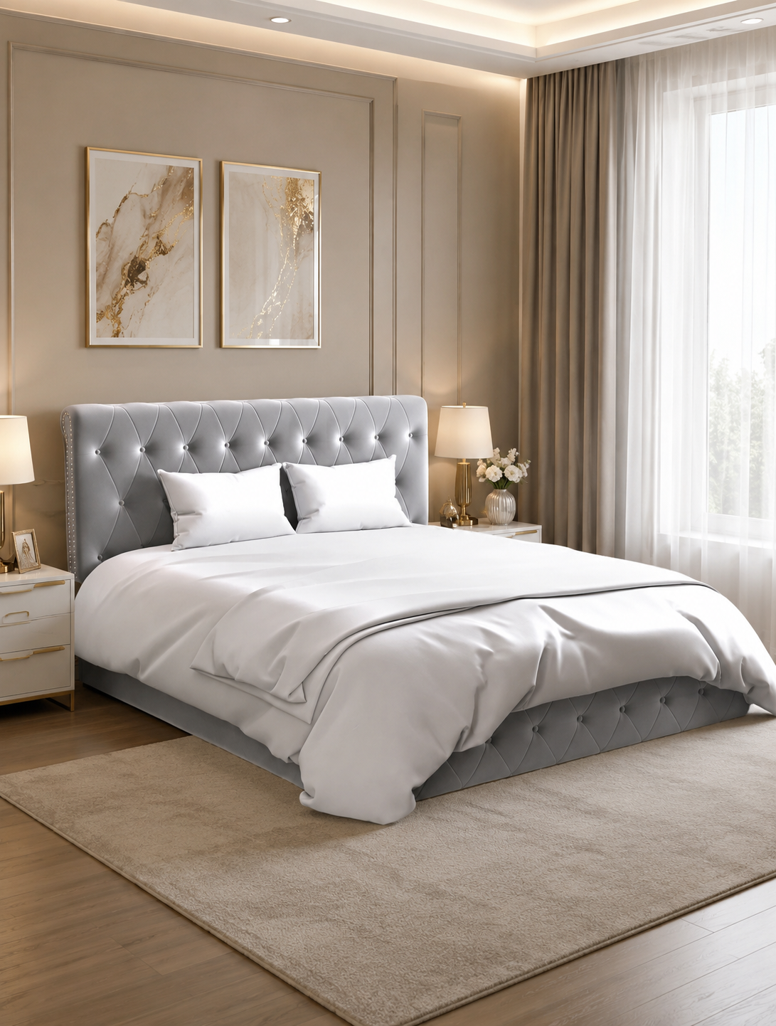Lit coffre 2 places en velours gris 140x190cm CORSICA