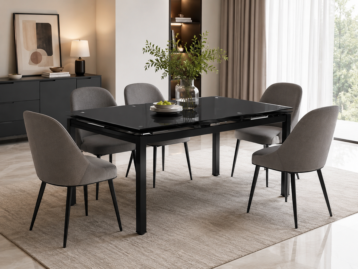 Table extensible en verre trempé noir 110/170 cm pieds métal – BORA #couleur_noir