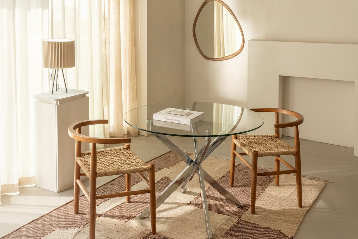 Table à manger ronde TRANSPARENT JESSICA chrome XXL 120 cm 4 couverts