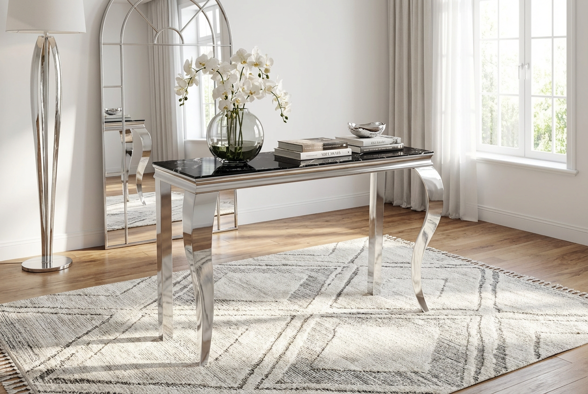 Console métal chrome plateau verre trempé effet marbre noir 120cm BAROQUE