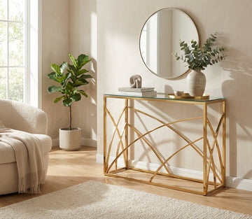 Console métal gold plateau verre transparent 120x40x78 cm - CALVIN