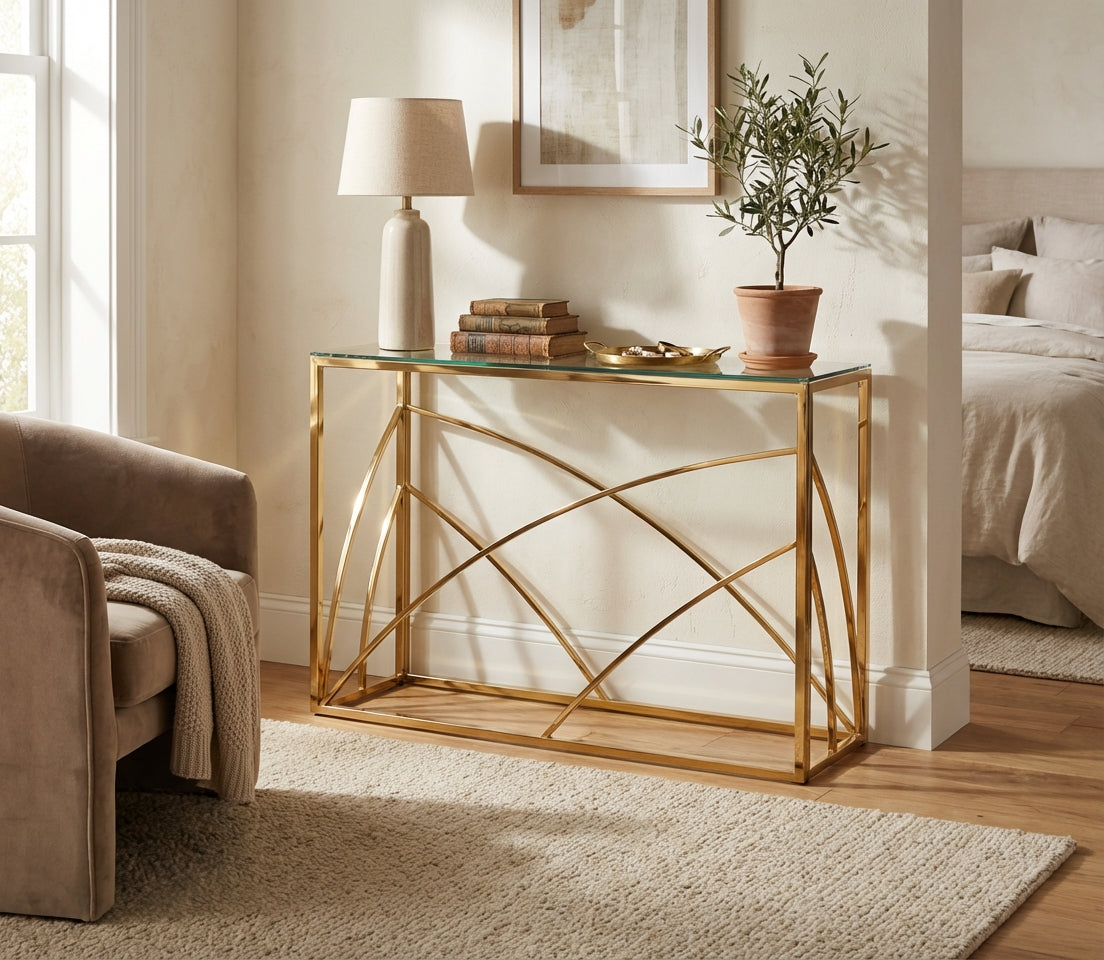 Console métal gold plateau verre transparent 120x40x78 cm - CALVIN