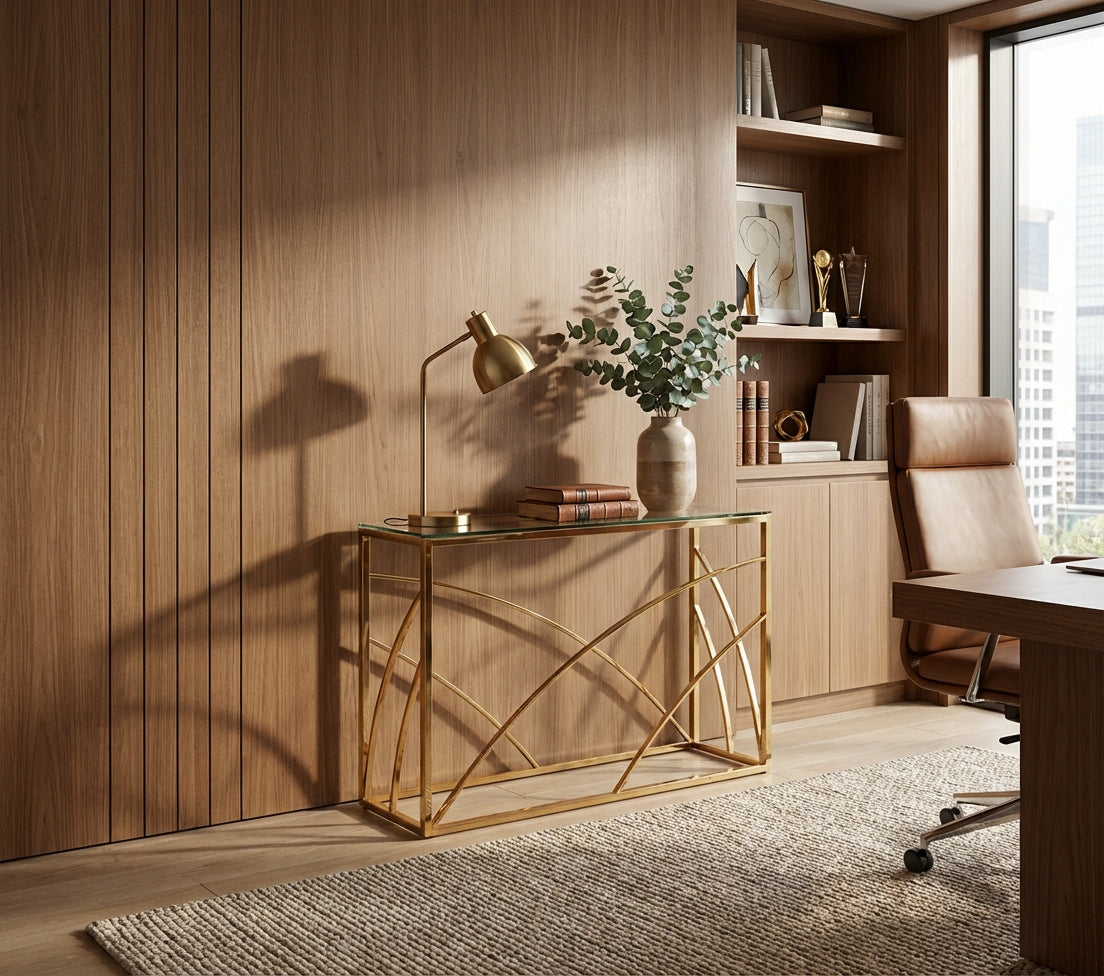 Console métal gold plateau verre transparent 120x40x78 cm - CALVIN