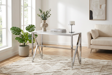 Console métal chrome lignes cintrées plateau effet marbre 120cm MAJESTIQUE