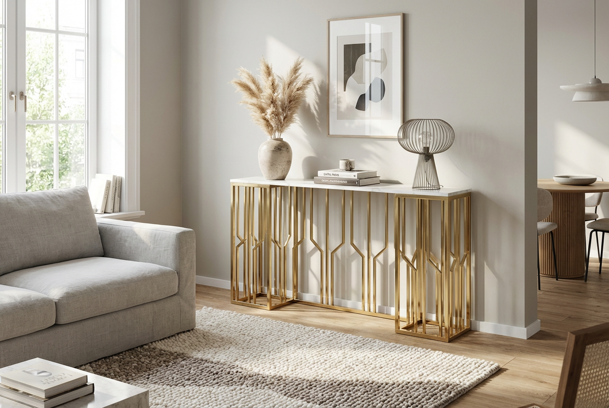 Console effet marbre blanc structure métal dore 120x40x78 cm#couleur_marbré_blanc