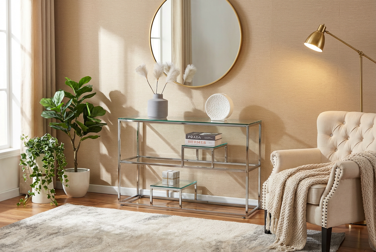 Console métal chrome plateau transparent 120x40x78 cm ROMY