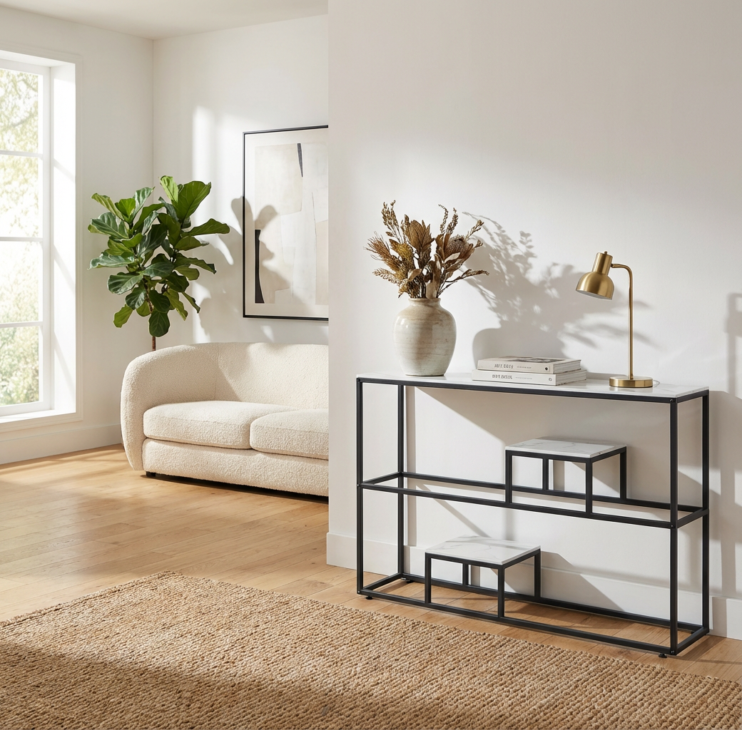 Console métal plateau effet marbre blanc 120 cm ROMY