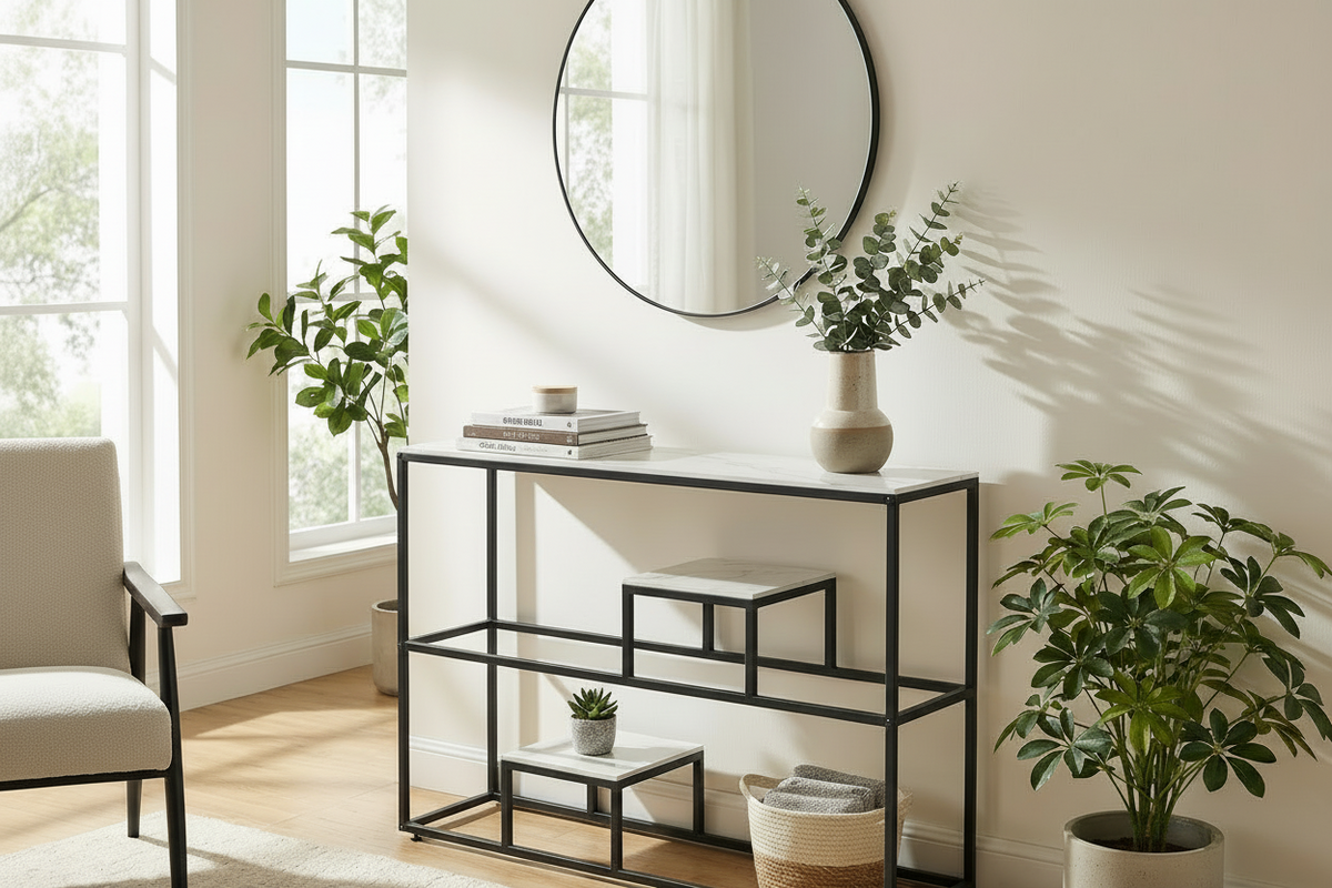 Console métal plateau effet marbre blanc 120 cm ROMY