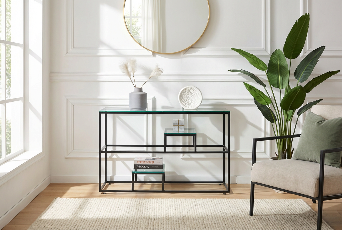 Console métal plateau transparent 120x40x78 cm ROMY