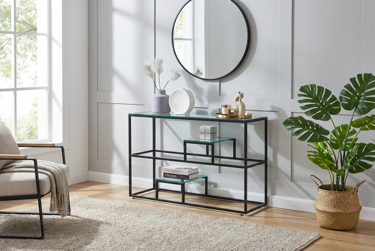 Console métal plateau transparent 120x40x78 cm ROMY