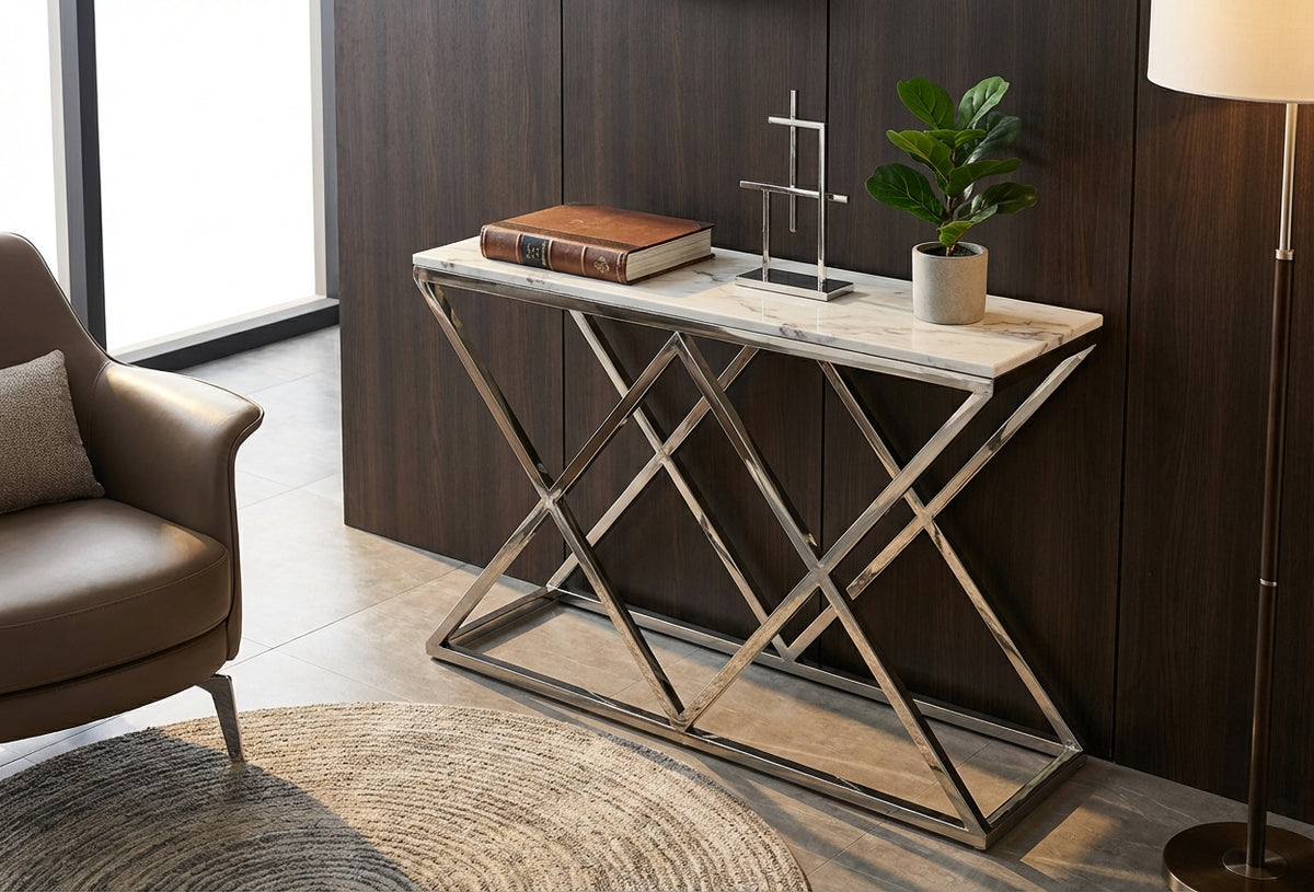 Console métal chrome base triangulaire plateau effet marbre 120 cm TRIANGLE