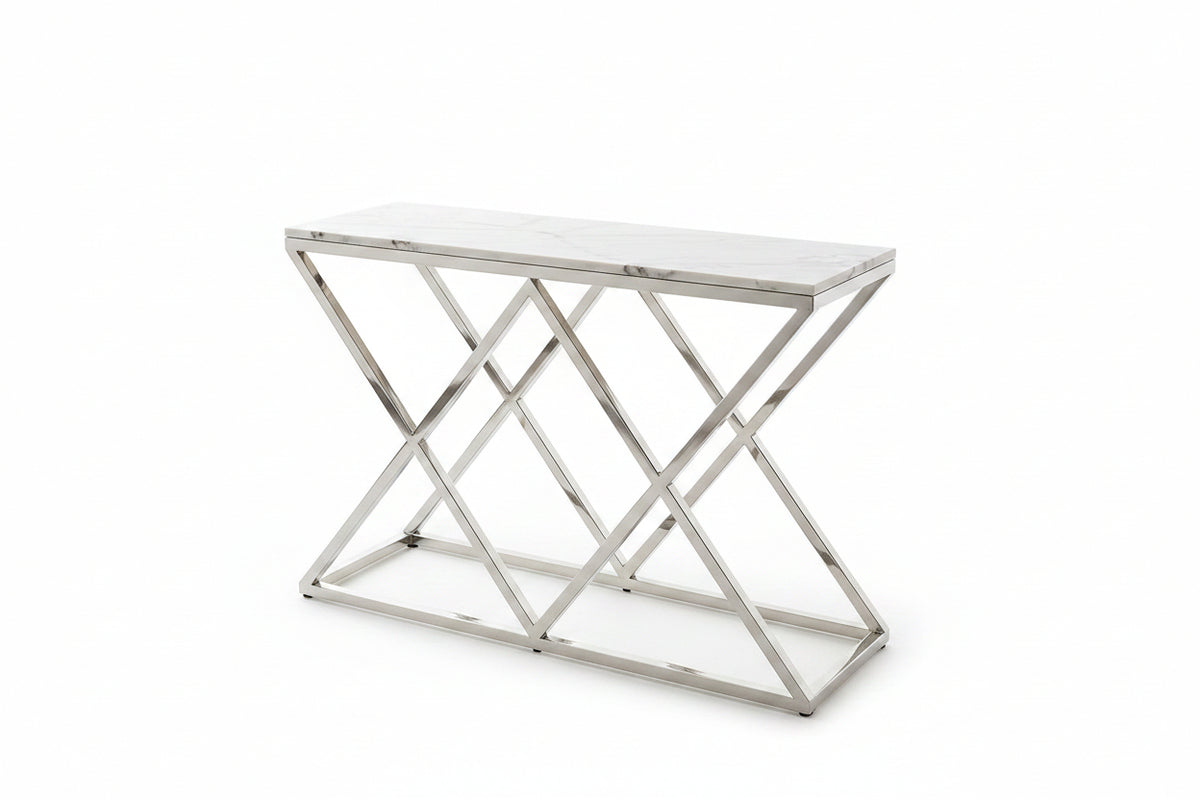 Console métal chrome base triangulaire plateau effet marbre 120 cm TRIANGLE