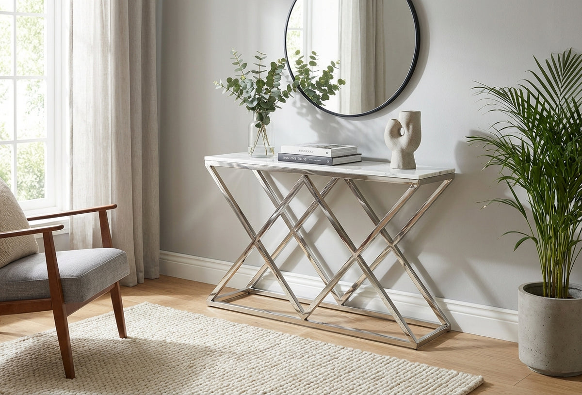 Console métal chrome base triangulaire plateau effet marbre 120 cm TRIANGLE