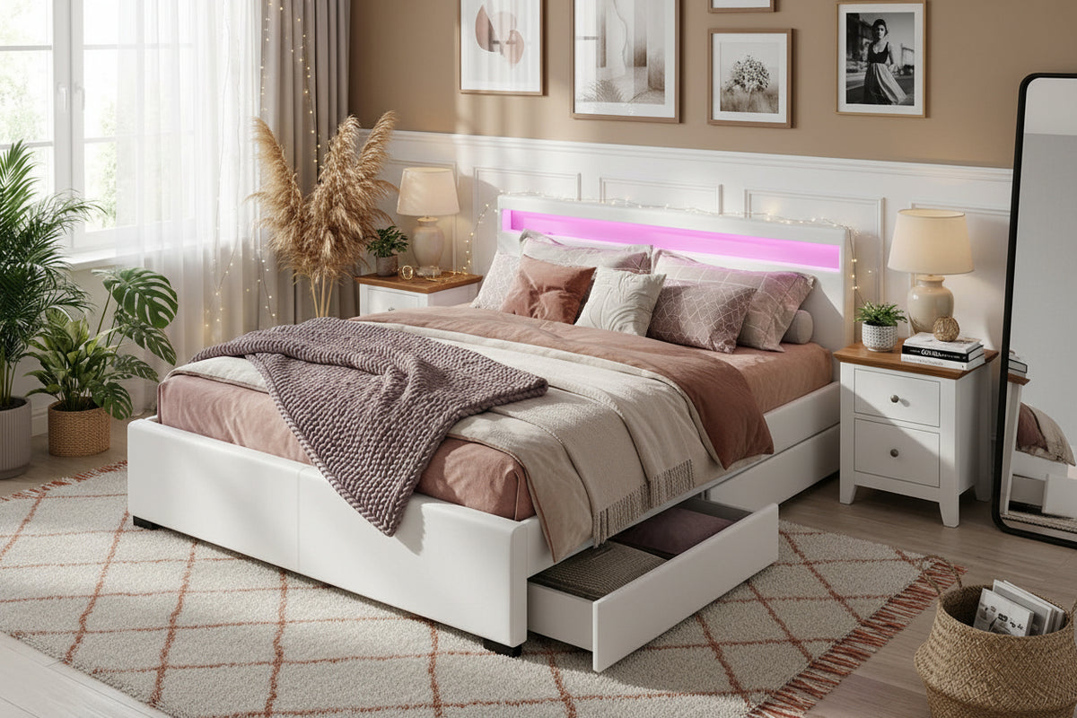 Lit adulte 2 places 140x190 cm blanc avec tiroirs LED sommier inclus