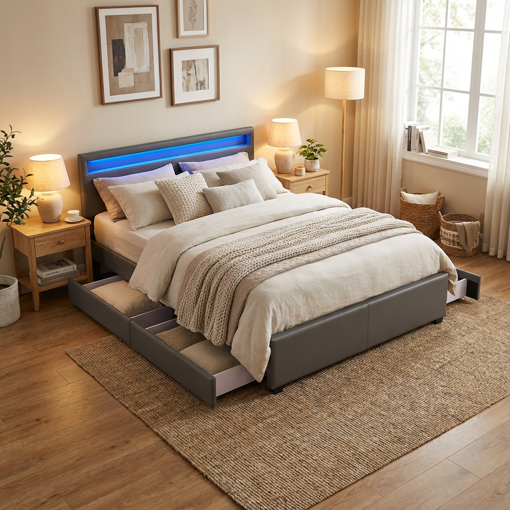 Lit adulte 160x200 cm gris avec tiroirs LED sommier inclus