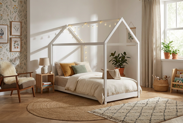 Lit cabane enfant 90x190 cm pin massif sommier à lattes inclus ROBINSON – Blanc