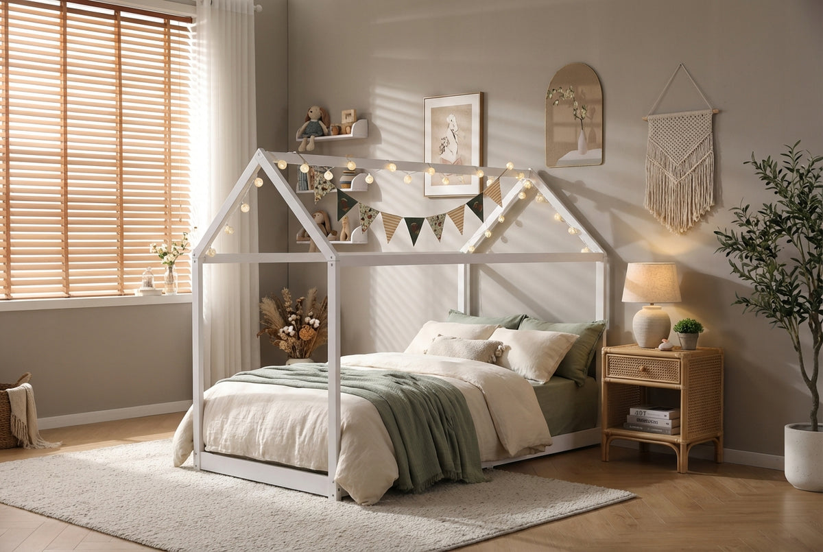 Lit cabane enfant 90x190 cm pin massif sommier à lattes inclus ROBINSON – Blanc