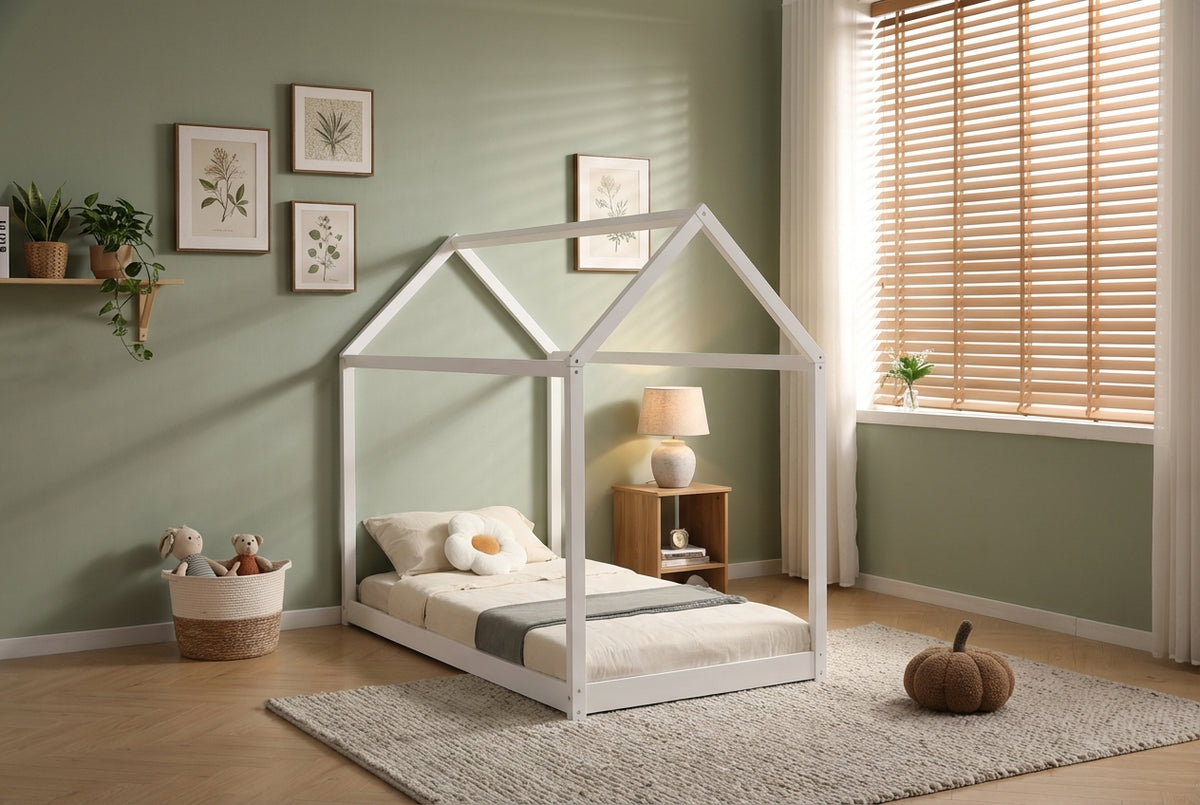Lit cabane enfant 90x190 cm pin massif sommier à lattes inclus ROBINSON – Blanc