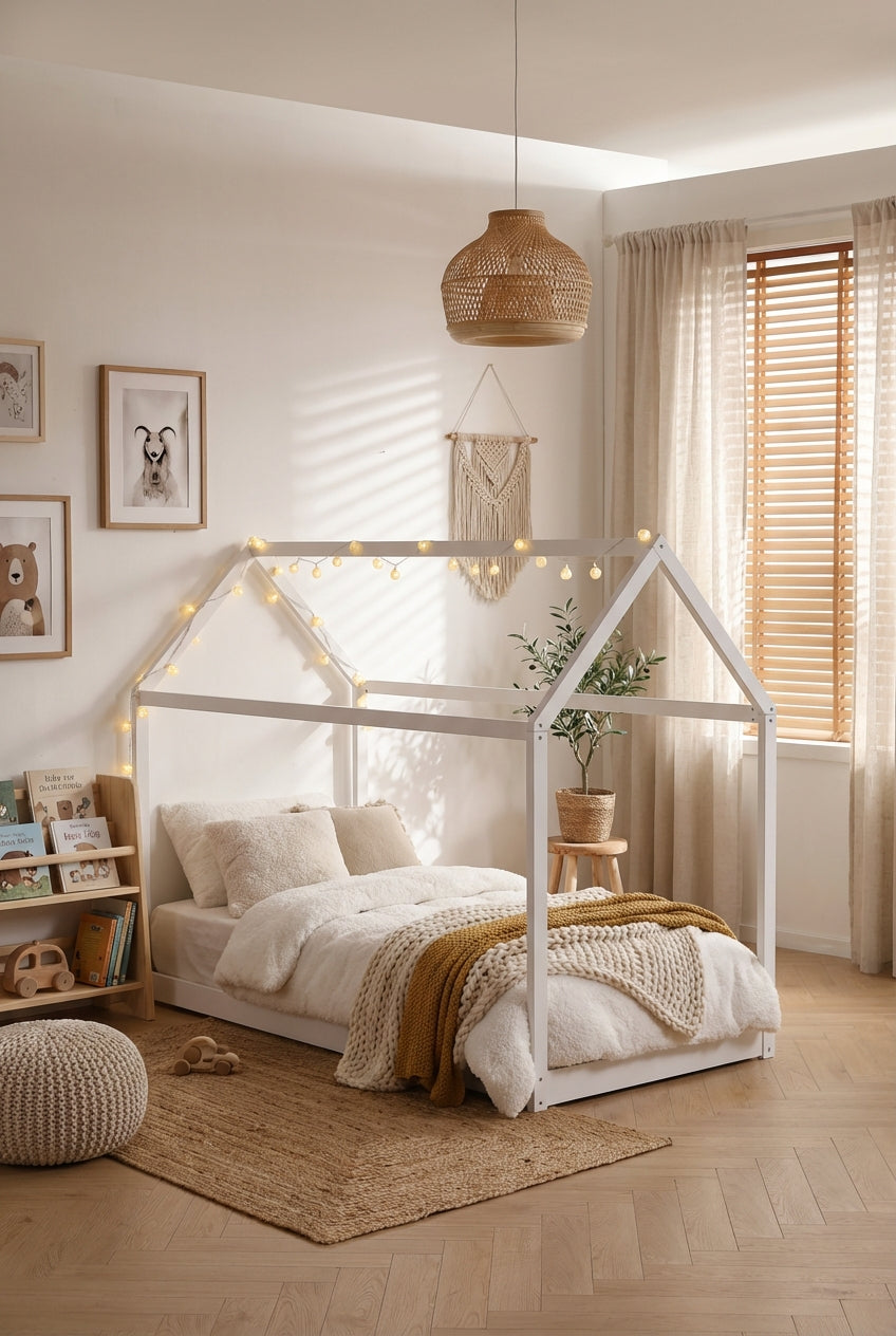 Lit cabane enfant 90x190 cm pin massif sommier à lattes inclus ROBINSON – Blanc