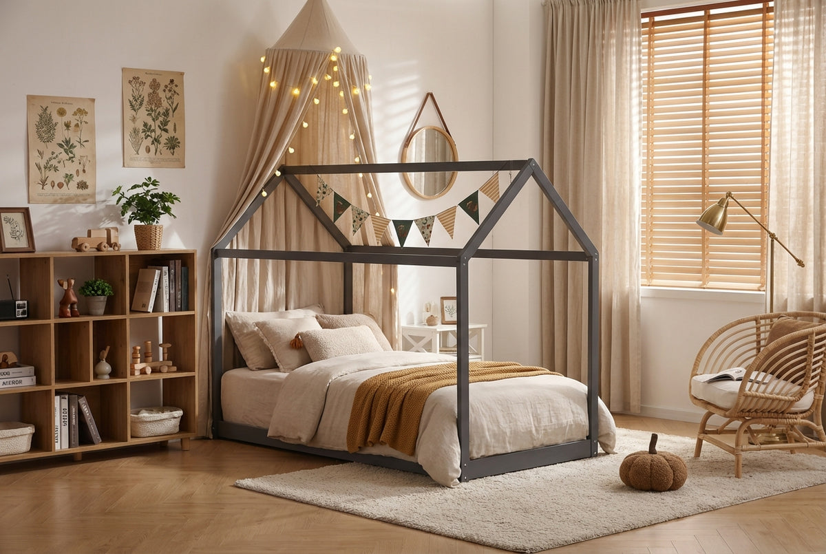 Lit cabane enfant 90x190 cm pin massif sommier à lattes inclus ROBINSON – Gris