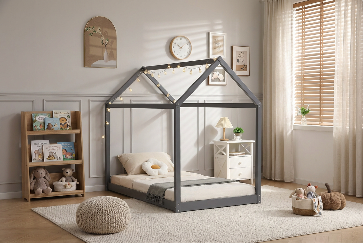 Lit cabane enfant 90x190 cm pin massif sommier à lattes inclus ROBINSON – Gris