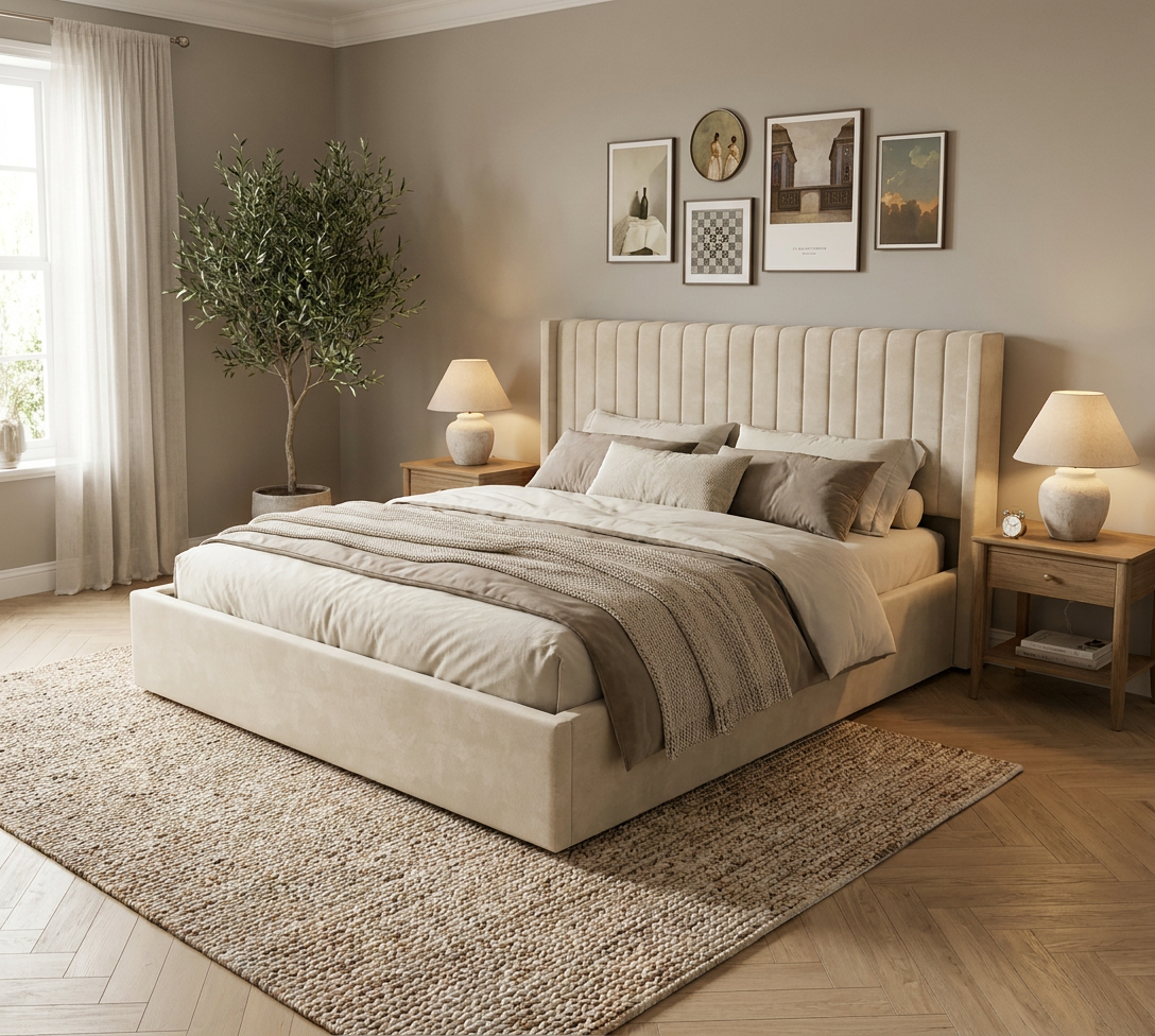 Lit Coffre 140x190 cm en velours beige, sommier lattes inclus