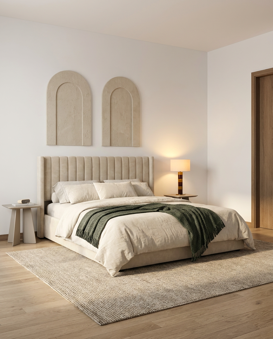 Lit Coffre 140x190 cm en velours beige, sommier lattes inclus