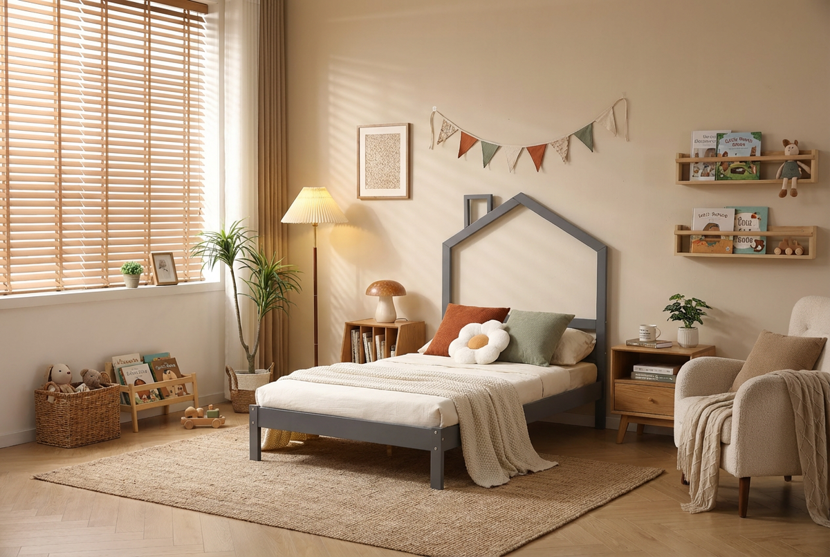 Lit enfant cabane en pin massif gris 90x190 cm avec sommier MONTEIRO