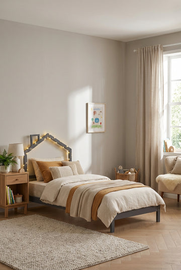 Lit enfant cabane en pin massif gris 90x190 cm avec sommier MONTEIRO