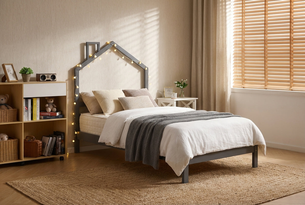 Lit enfant cabane en pin massif gris 90x190 cm avec sommier MONTEIRO