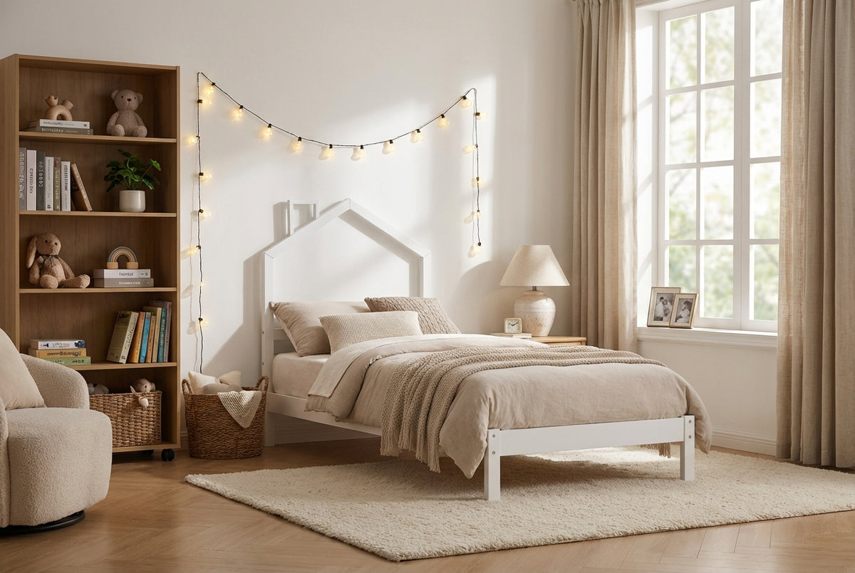 Lit enfant cabane en pin massif blanc 90x190 cm avec sommier MONTEIRO